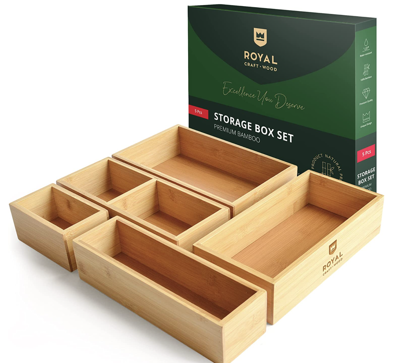 Bamboo drawer organizer set with multiple tray compartments